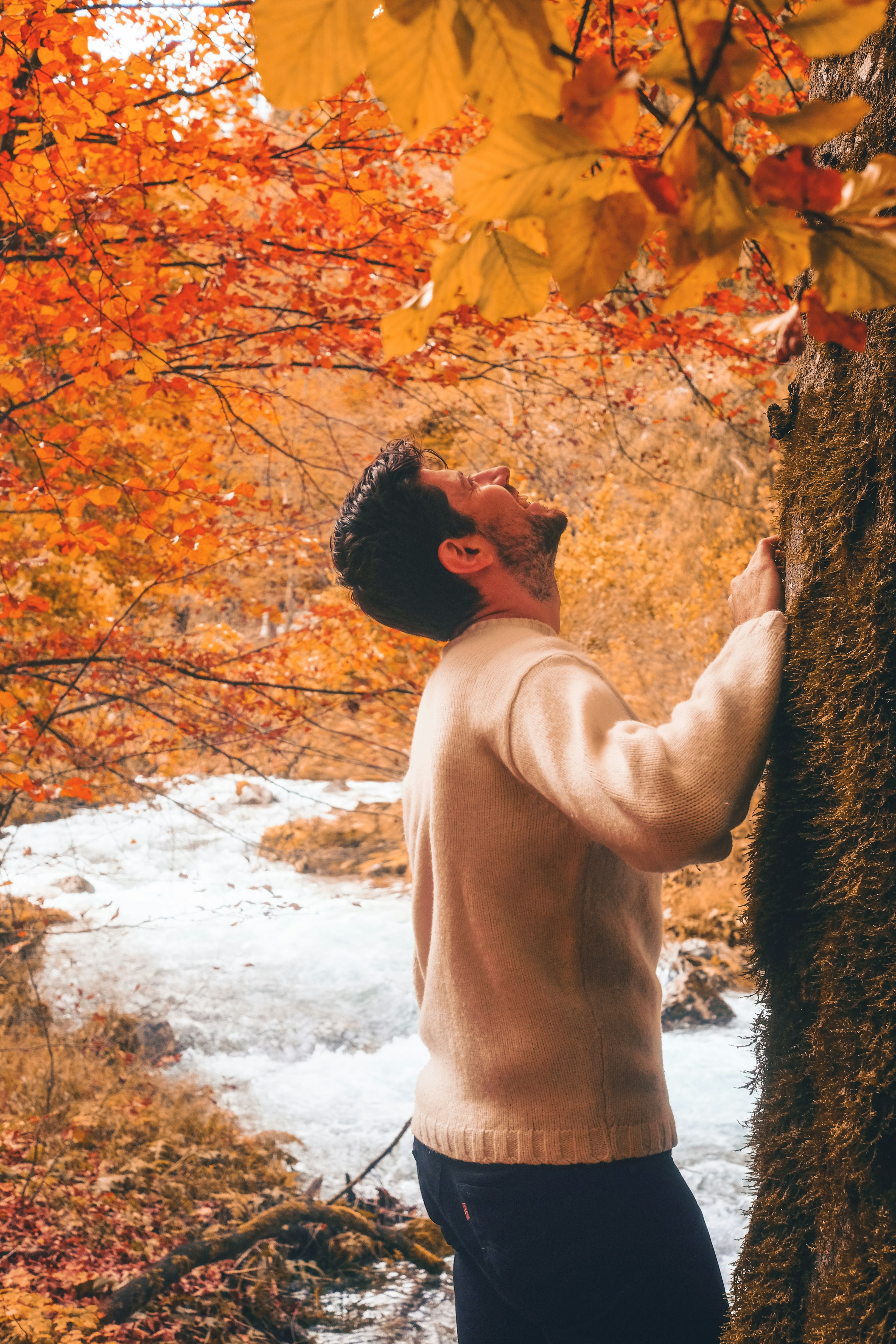 man in white sweater leaning on brown tree trunk during daytime